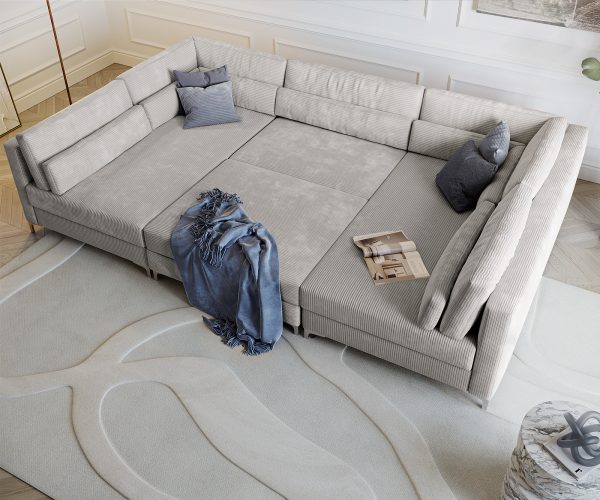Pohovka v tvare U Elio 300x185 cm strieborná sivá manšestrová s taburetkou - Image 6