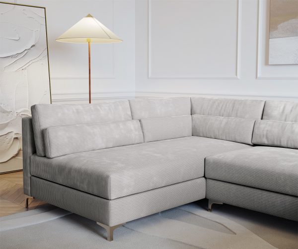 Pohovka v tvare U Elio 300x185 cm strieborná sivá manšestrová s taburetkou - Image 7