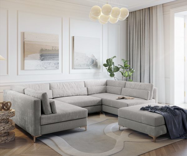 Pohovka v tvare U Elio 300x185 cm strieborná sivá manšestrová s taburetkou