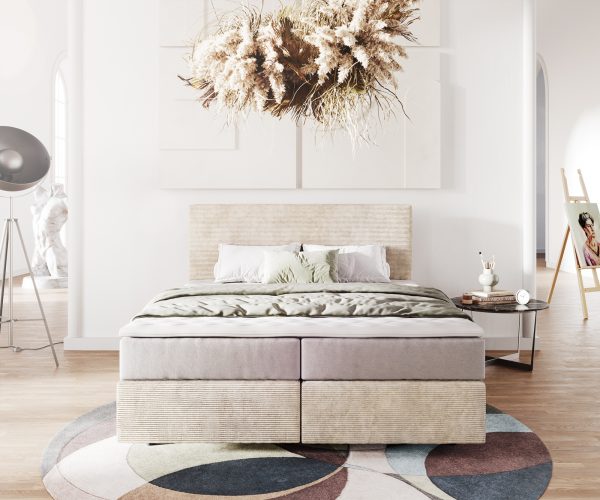 Boxspringová posteľ Dream-Well 160x200 cm manšestrová béžová s taštičkovým pružinovým matracom a visco topperom - Image 2