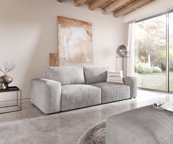 Veľká pohovka Lanzo D 250x105 cm strieborná sivá manšestrová s podnožkou