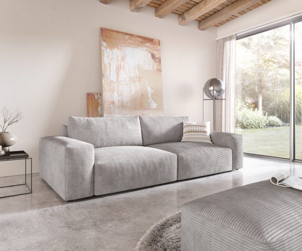 Veľká pohovka Lanzo XL 270x125 cm strieborná sivá manšestrová s podnožkou