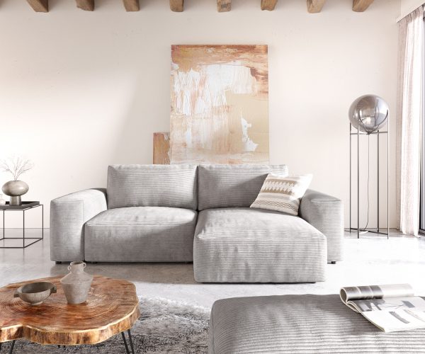 Rohová pohovka Lanzo D 260x160 cm manšestrová strieborná sivá variabilné ležadlo s taburetkou - Image 2