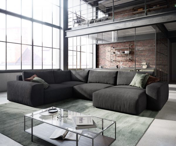 Pohovka v tvare U Lanzo XL 370x260 cm z mikrovlákna čierna variabilné ležadlo