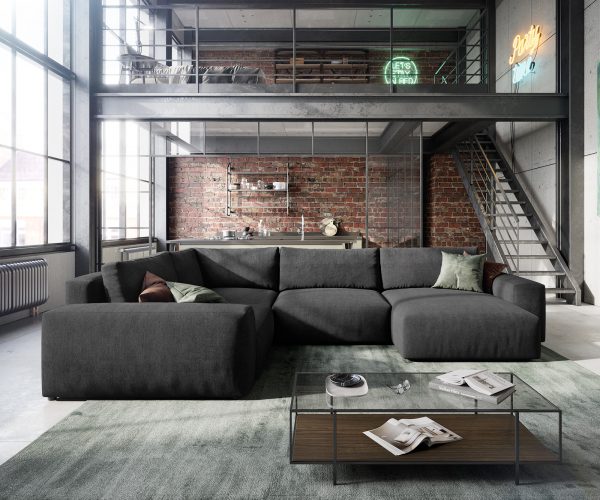 Pohovka v tvare U Lanzo XL 370x260 cm z mikrovlákna čierna variabilné ležadlo - Image 2