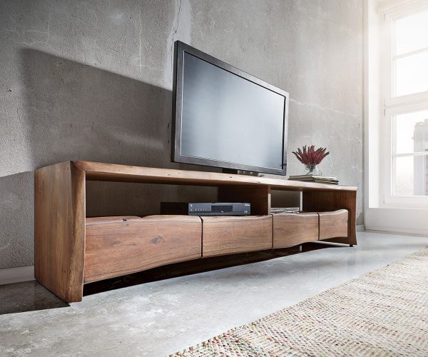 TV stolík Live Edge 190 cm akáciová hnedá 4 zásuvky 2 priehradky