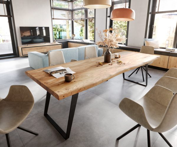 Jedálenský stôl Edge 260x100 XL akácia prírodný kovový hranatý