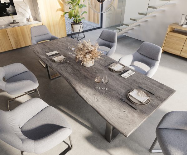 Jedálenský stôl Edge 260x100 Akácia platina Nerezová úzka podnož naživo - Image 4