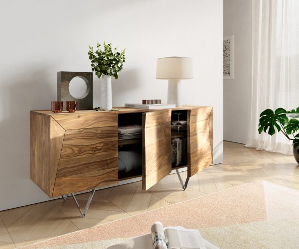Komoda Wyatt 150 cm sheesham natural 3D vintage nerezová oceľ