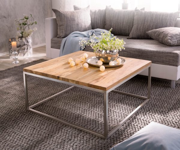 Konferenční stolek Tatius 80x80 Akácie Přírodní nerezový rám Průmyslový styl