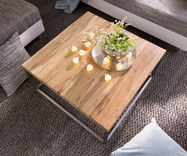 Konferenční stolek Tatius 80x80 Akácie Přírodní nerezový rám Průmyslový styl - Image 2