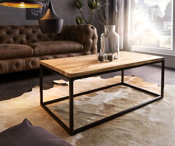 Konferenčný stolík Tatius 100x57 cm prírodná akácia čierna kovová podnož