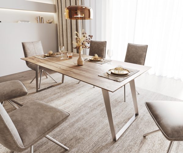Jedálenský stôl Edge 200x100 sheesham prírodný nerezová oceľ šikmá podstava swiss edge