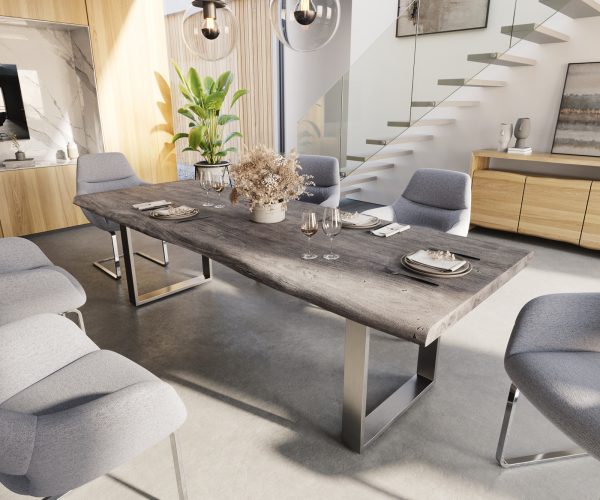 Jedálenský stôl Edge 260x100 XL Akácia platina Nerezová oceľ úzka nepravidelná hrana