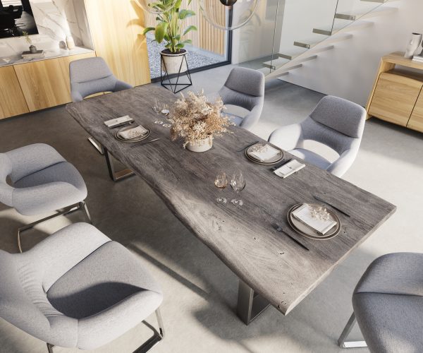Jedálenský stôl Edge 260x100 XL Akácia platina Nerezová oceľ úzka nepravidelná hrana - Image 4