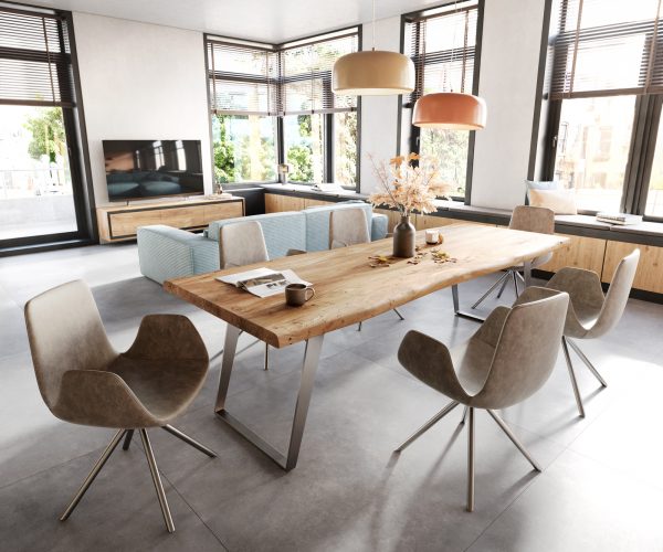 Jedálenský stôl Edge 260x100cm XL Akácia prírodná nerezová oceľ strieborná hranatá - Image 6