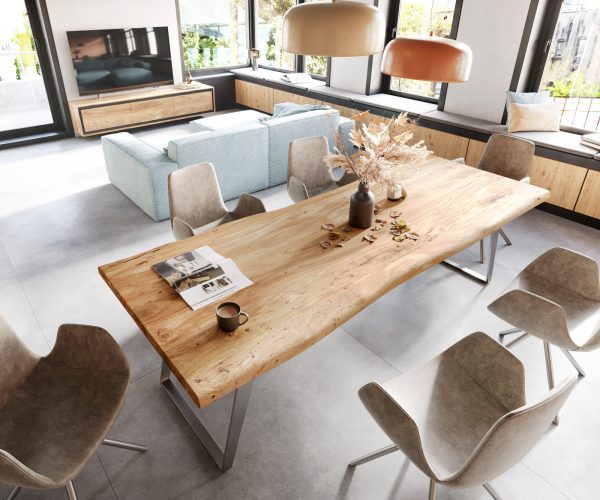 Jedálenský stôl Edge 260x100cm XL Akácia prírodná nerezová oceľ strieborná hranatá - Image 4