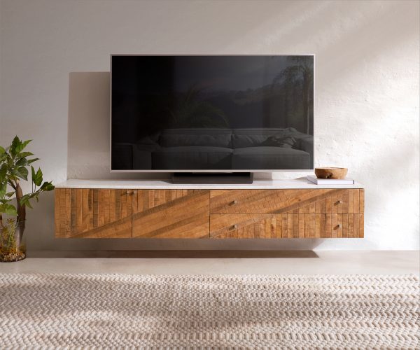 TV stolík Bahan 175 cm mango teak 2 dvierka 2 zásuvky mramor biely - Image 2