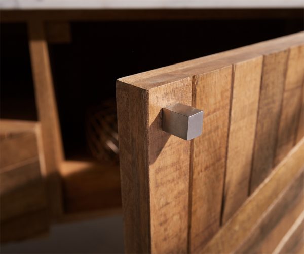 TV stolík Bahan 175 cm mango teak 2 dvierka 2 zásuvky mramor biely - Image 5