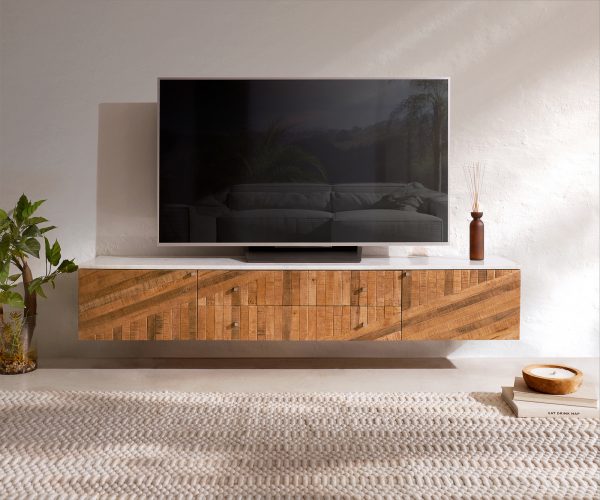 TV stolík Bahan 175 cm mango teak 2 dvierka 2 zásuvky mramor biely - Image 2
