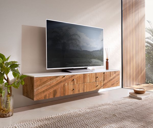 TV stolík Bahan 175 cm mango teak 2 dvierka 2 zásuvky mramor biely