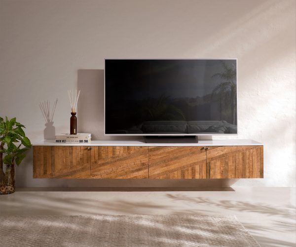 TV stolík Bahan 200 cm teakové mango 4 dvierka mramor biely závesný - Image 2