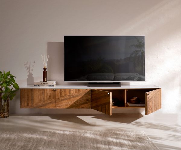 TV stolík Bahan 200 cm teakové mango 4 dvierka mramor biely závesný - Image 4