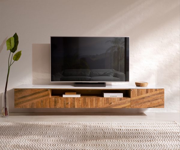 TV stolík Bahan 220 cm mango teak 2 dvierka 2 zásuvky 1 priehradka mramor biely - Image 2