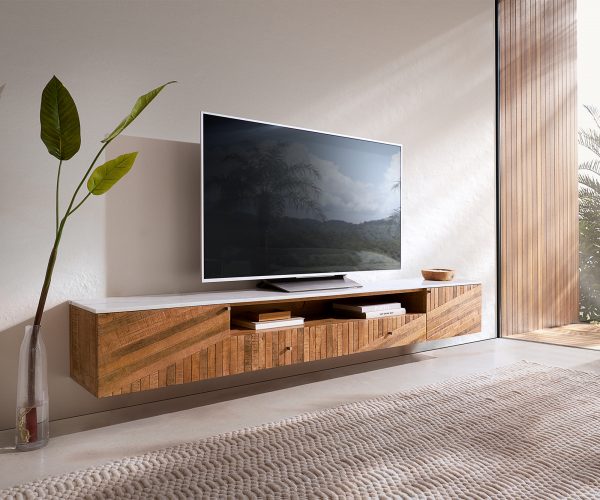 TV stolík Bahan 220 cm mango teak 2 dvierka 2 zásuvky 1 priehradka mramor biely