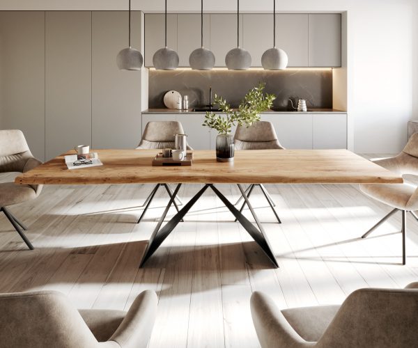 Jedálenský stôl Edge 260x100 prírodná agátová podnož v tvare V plochá oceľ čierna - Image 2