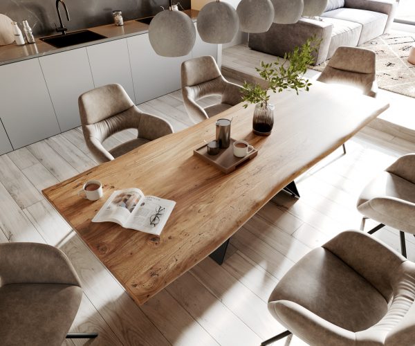 Jedálenský stôl Edge 260x100 prírodná agátová podnož v tvare V plochá oceľ čierna - Image 4