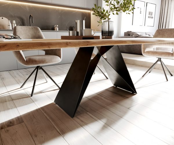 Jedálenský stôl Edge 260x100 prírodná agátová podnož v tvare V plochá oceľ čierna - Image 6