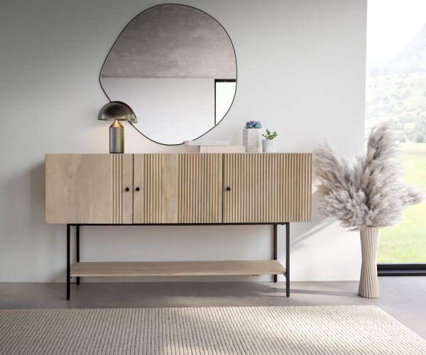 Komoda Nencia 165 cm mango biela svetlá 3 dvierka čierny kov