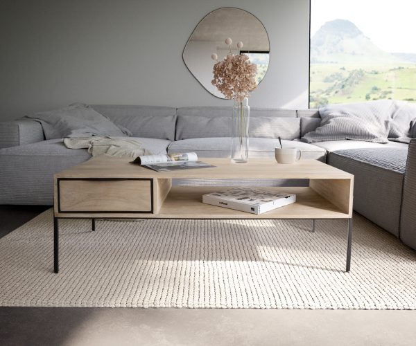 Konferenčný stolík Henora 120x60 cm mango biela 1 zásuvka čierny kov - Image 2