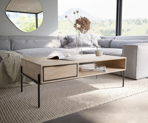 Konferenčný stolík Henora 120x60 cm mango biela 1 zásuvka čierny kov