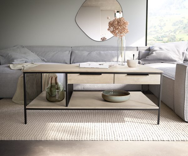 Konferenčný stolík Libina 120x60 cm mango biela 2 zásuvky čierny kov - Image 2