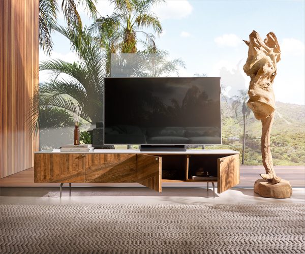 TV stolík Bahan 200 cm mango teak 4 dvierka mramor biely - Image 4