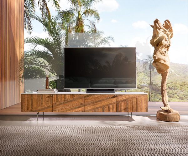TV stolík Bahan 200 cm mango teak 4 dvierka mramor biely - Image 2
