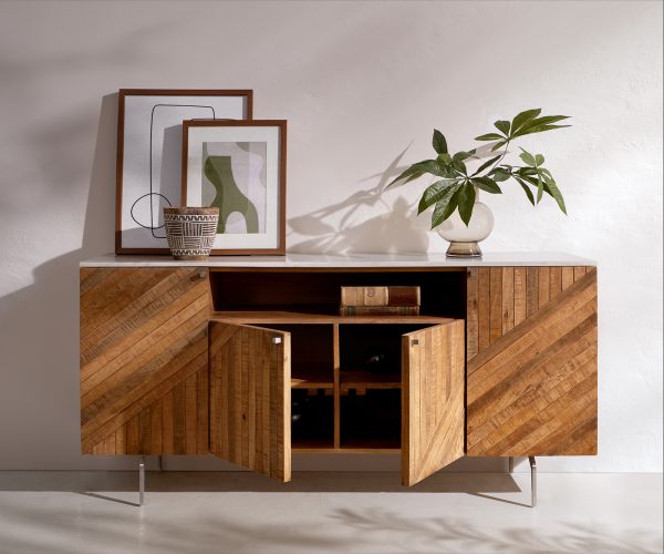 Komoda Bahan 145 cm mango teak 4 dvierka 1 priehradka biely mramor - Image 4
