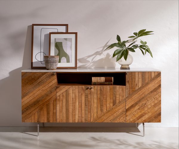 Komoda Bahan 145 cm mango teak 4 dvierka 1 priehradka biely mramor - Image 2