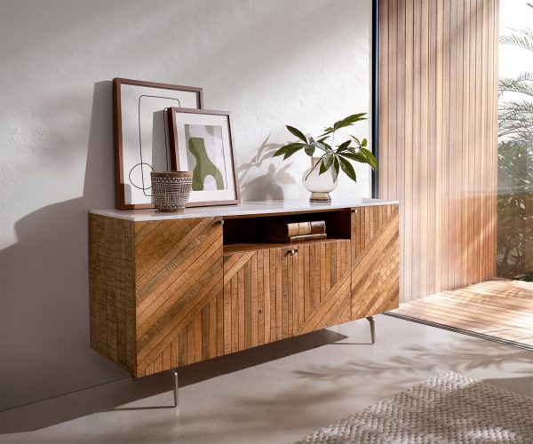 Komoda Bahan 145 cm mango teak 4 dvierka 1 priehradka biely mramor