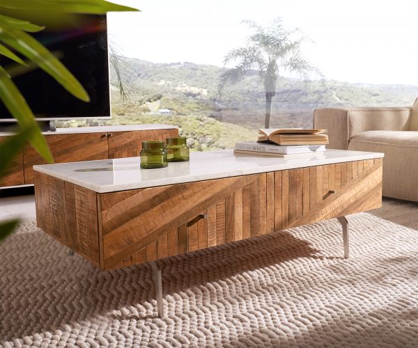 Konferenčný stolík Bahan 115x60 cm mango teak 2 zásuvky biely mramor
