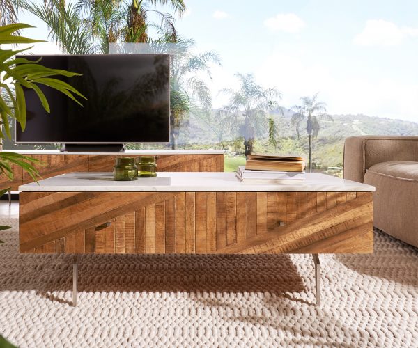 Konferenčný stolík Bahan 115x60 cm mango teak 2 zásuvky biely mramor - Image 2