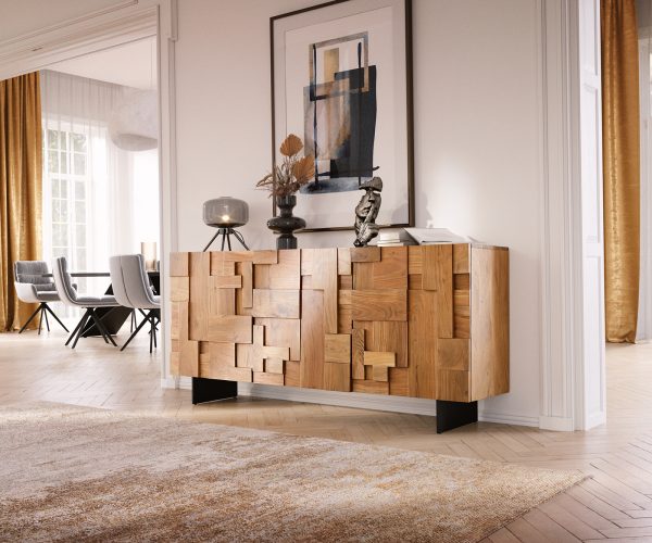 Komoda Puzzle 175 cm prírodná akácia 3 dvierka podstavec čierny kov