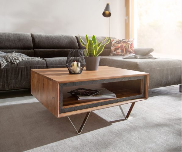 Konferenčný stolík Stonegrace 80x60x40 cm prírodná akácia 1 priehradka kamenná dyha