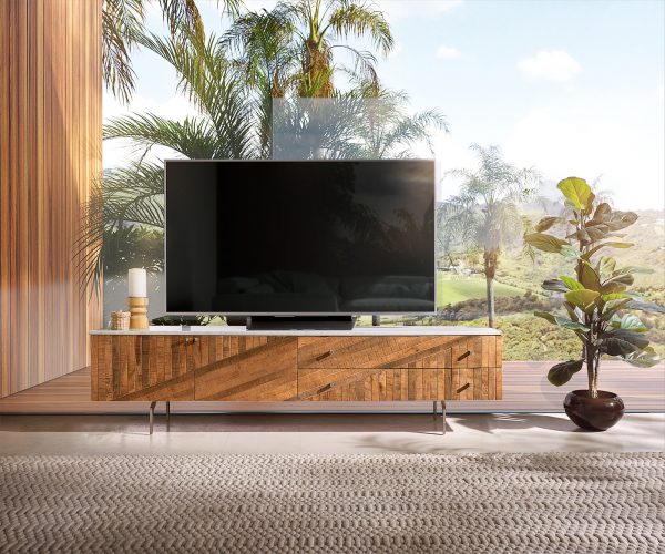 TV stolík Bahan 175 cm mango teak 2 dvierka 2 zásuvky mramor biely - Image 2