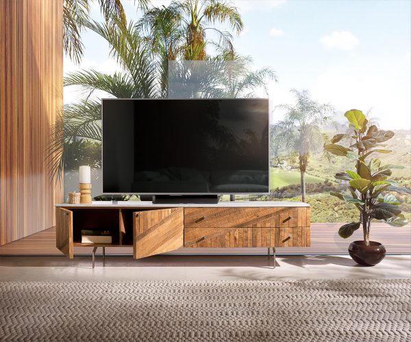 TV stolík Bahan 175 cm mango teak 2 dvierka 2 zásuvky mramor biely - Image 4