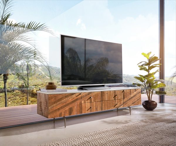 TV stolík Bahan 175 cm mango teak 2 dvierka 2 zásuvky mramor biely