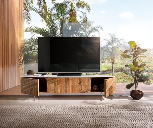 TV stolík Bahan 175 cm mango teak 2 dvierka 2 zásuvky mramor biely - Image 4