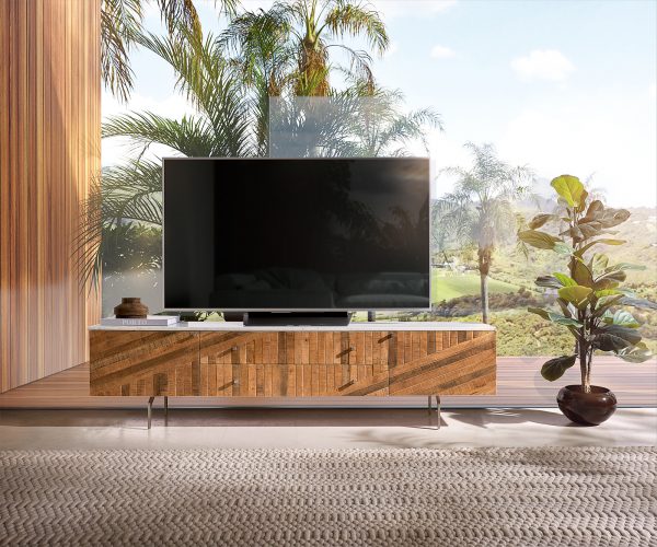 TV stolík Bahan 175 cm mango teak 2 dvierka 2 zásuvky mramor biely - Image 2